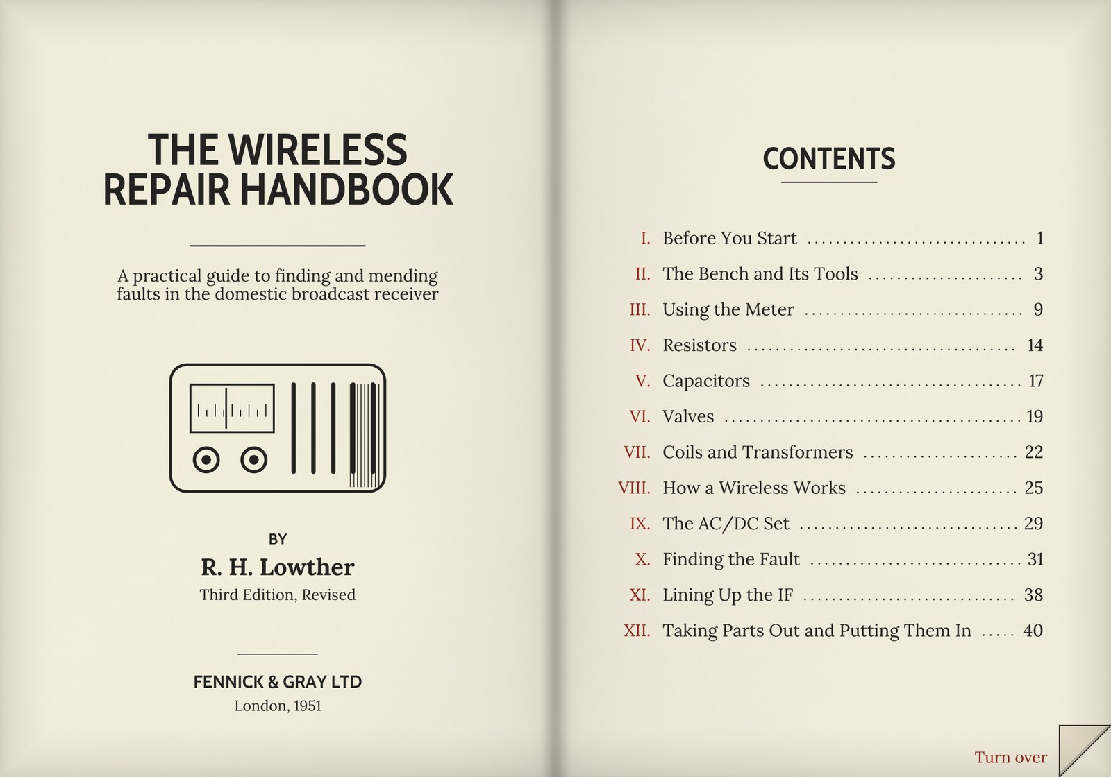 The handbook open at its title page and contents.