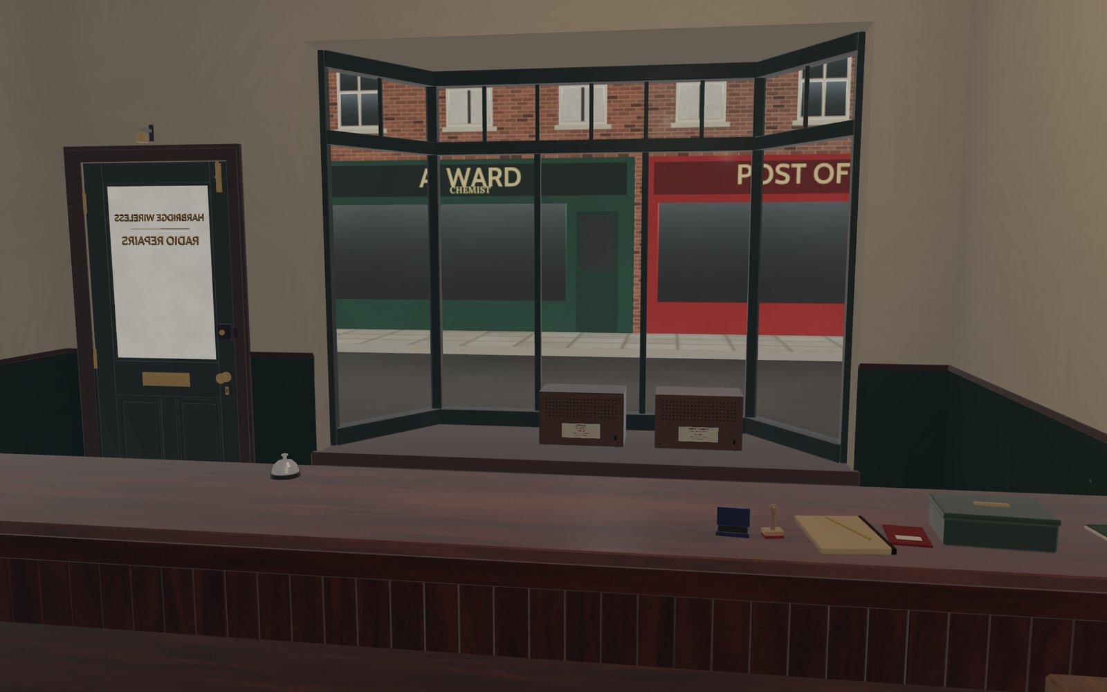The counter, the shop door and the bay window